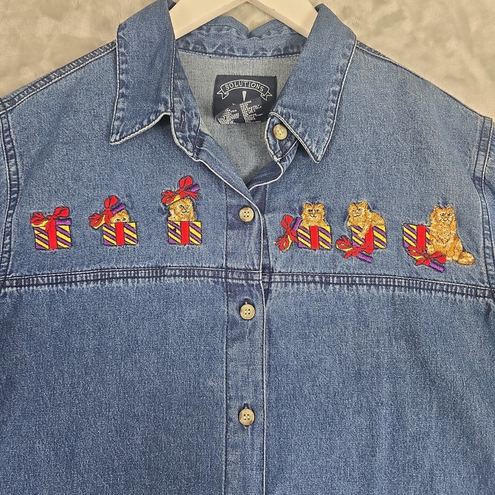 Vintage Solutions Original‎ Denim Shirt Embroidered Cat Lover Presents Small